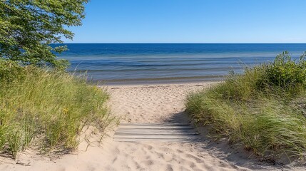 A scenic pathway leading to a beautiful sandy beach location