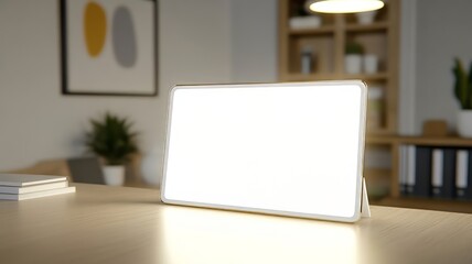 Fototapeta premium Minimalist white tablet with a glowing screen on a modern stylish office desk