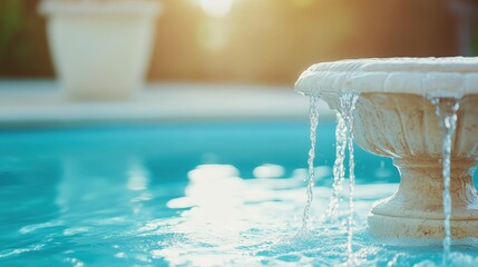 A serene fountain gently spills water into a sparkling pool, illuminated by warm sunlight, creating a tranquil atmosphere.