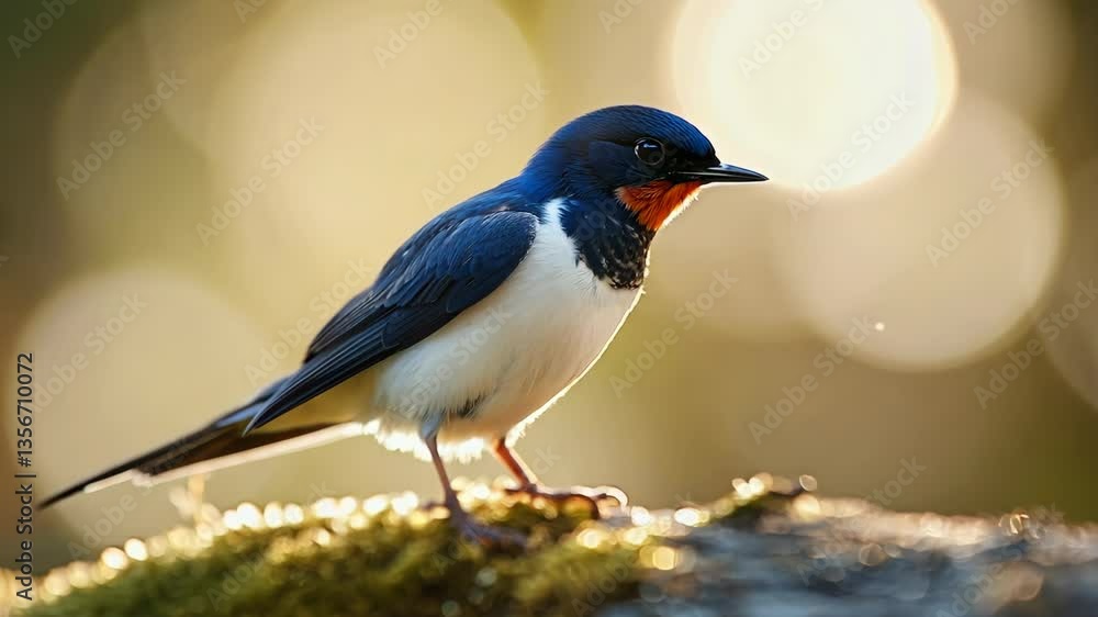 Poster close-up video of a swallow perched on a mossy branch, captured at eye level with a bokeh background