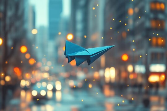Origami paper airplane floats above a city street at dusk, showcasing vibrant city lights and urban ambiance - Powered by Adobe