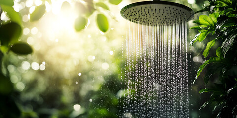 Showerhead with water flowing against a blurred background of lush green foliage and sunlight, conveying freshness, serenity, and natural spa experience