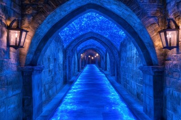 Obraz premium Mysterious blue-lit corridor with arches and lanterns creating an enchanting atmosphere at night