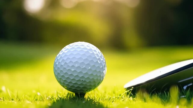 Close-up, low-angle shot of a golf ball on a tee with a club, capturing the anticipation of a swing. Ideal for a sports video theme.