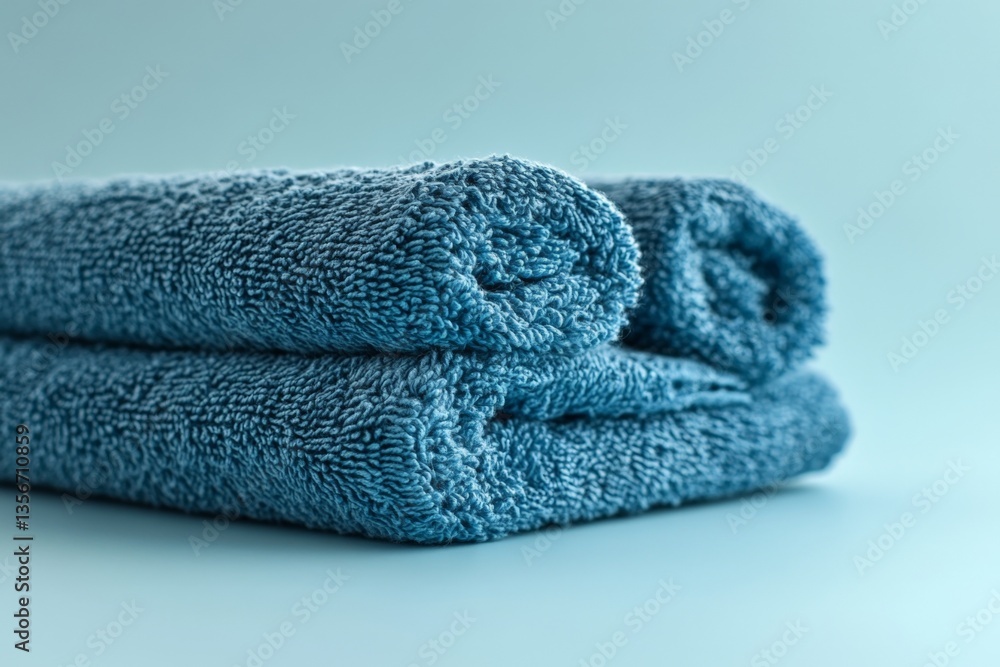 Poster Soft blue towels neatly arranged, creating a calming bathroom atmosphere in a modern decor setting