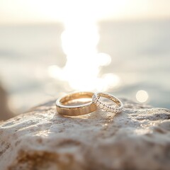 Wedding rings placed together on stone ledge with ocean in background under soft sunlight, natural tones, and a serene, coastal vibe.