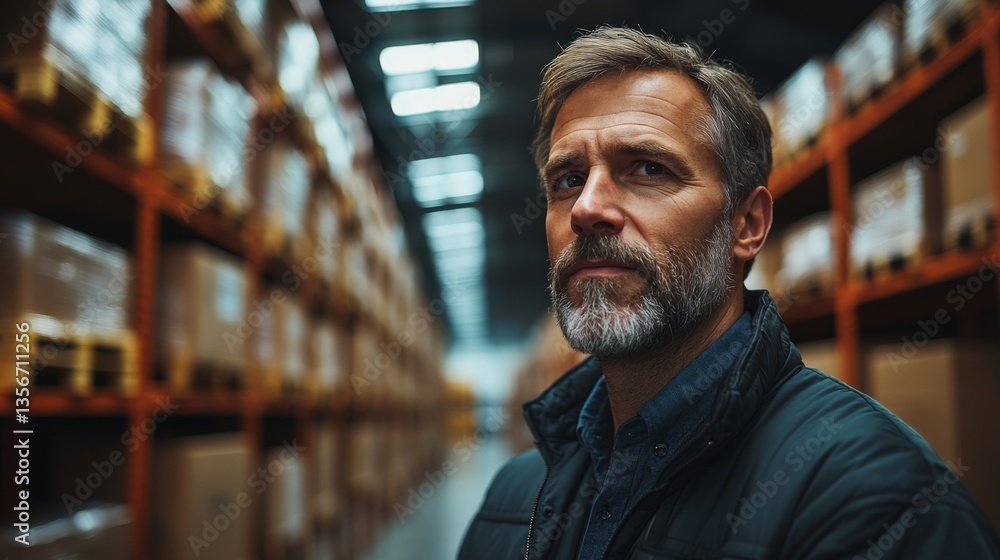 Poster A warehouse manager stands confidently among tall shelves filled with packaged goods, ensuring efficient sorting and fulfillment of logistical tasks during daylight hours.
