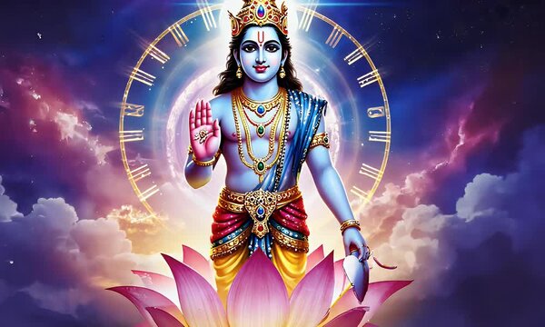 An illustration of a Hindu deity, possibly Vishnu, seated upon a lotus flower, in a celestial setting.