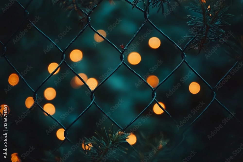 Poster twinkling lights behind a chain link fence create a warm atmosphere during evening hours