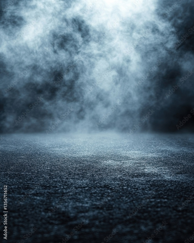 Poster mysterious blue fog descends upon a dark asphalt surface creating an atmospheric scene with depth an
