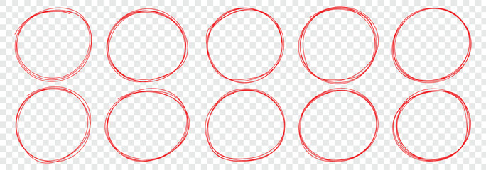 Red circle, pen draw. Highlight hand drawing different circles isolated on background. Bright red scribble ovals and bubbles to circle and highlight text. Hand drawn marker stroke style for marking
