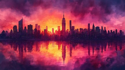 Dreamy Watercolor Skyline of New York City Bathed in Sunrise Colors