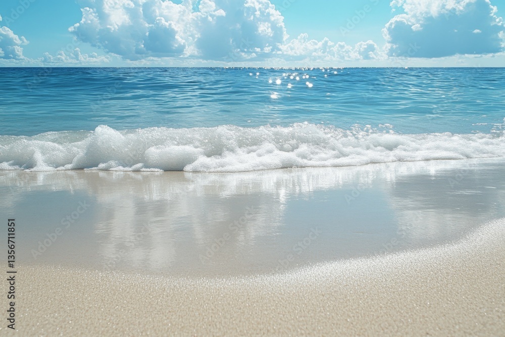 Aufkleber waves gently lap against the shore under a bright blue sky with fluffy clouds at a tranquil beach in