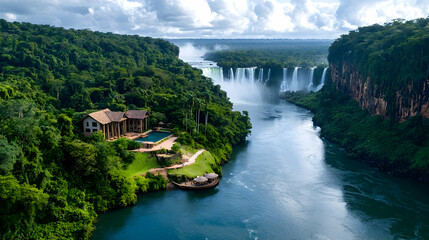 Luxury Villa Overlooking a Majestic Waterfall in a Lush Tropical Landscape