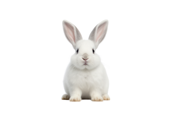 Fluffy white rabbit sitting calmly on a clean, white surface with its large ears perked up and bright, curious eyes