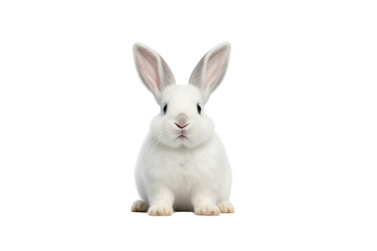 Fluffy white rabbit sitting calmly on a clean, white surface with its large ears perked up and bright, curious eyes
