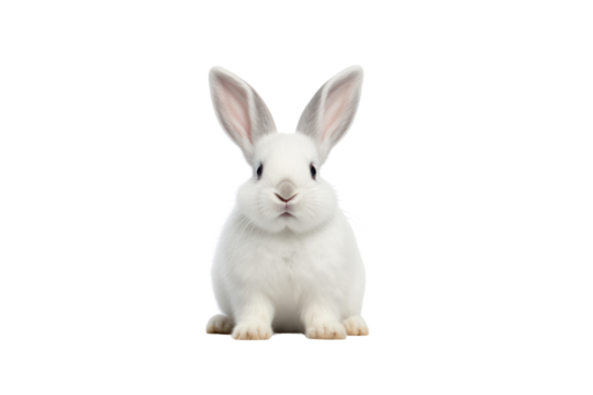 Fluffy white rabbit sitting calmly on a clean, white surface with its large ears perked up and bright, curious eyes