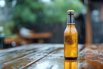 Rain falls on a cold beer bottle resting on a wooden table in a cozy outdoor setting