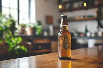 Refreshing craft beer bottle rests on a wooden bar counter in a cozy, well-lit café interior