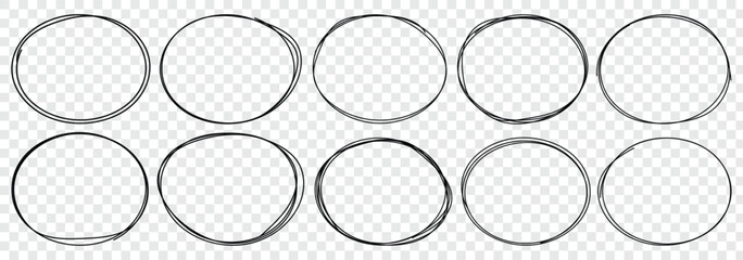 Handdrawn doodle circle highlights. Round brush mark. Scribble ovals, circle and highlight text. Flat decorative vector design isolated illustration. Ellipses in doodle style. 