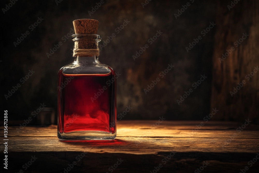 Poster bottle of deep red liquid resting on an aged wooden surface with soft lighting highlighting its cont