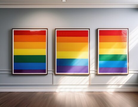 Colorful rainbow flags displayed artistically on walls, showcasing pride and inclusivity values.