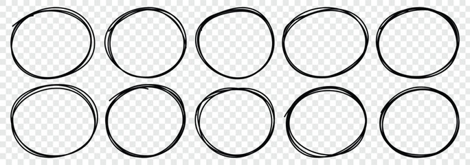 Handdrawn doodle circle highlights. Hand drawn scribble circles. Highlight circles set. Scribble ovals, circle and highlight text. Marker scratch scribble in rounder. Vector illustrator. 