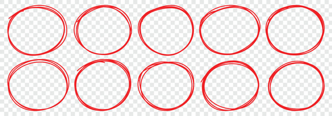 Red circle, pen draw. Highlight hand drawing different circles isolated on background. Bright red scribble ovals and bubbles to circle and highlight text. Hand drawn marker stroke style for marking
