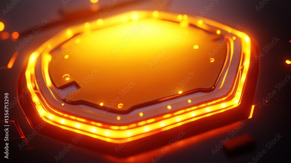 Poster glowing orange hexagonal tech circuit board.