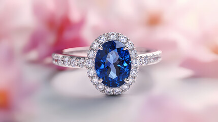 Elegant Sapphire Ring: A captivating close-up showcases a stunning sapphire ring, its brilliant blue gemstone encircled by a halo of shimmering diamonds, set against a soft, blurred floral backdrop. 