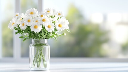 Fresh bouquet of white daisies in a clear glass jar on a windowsill