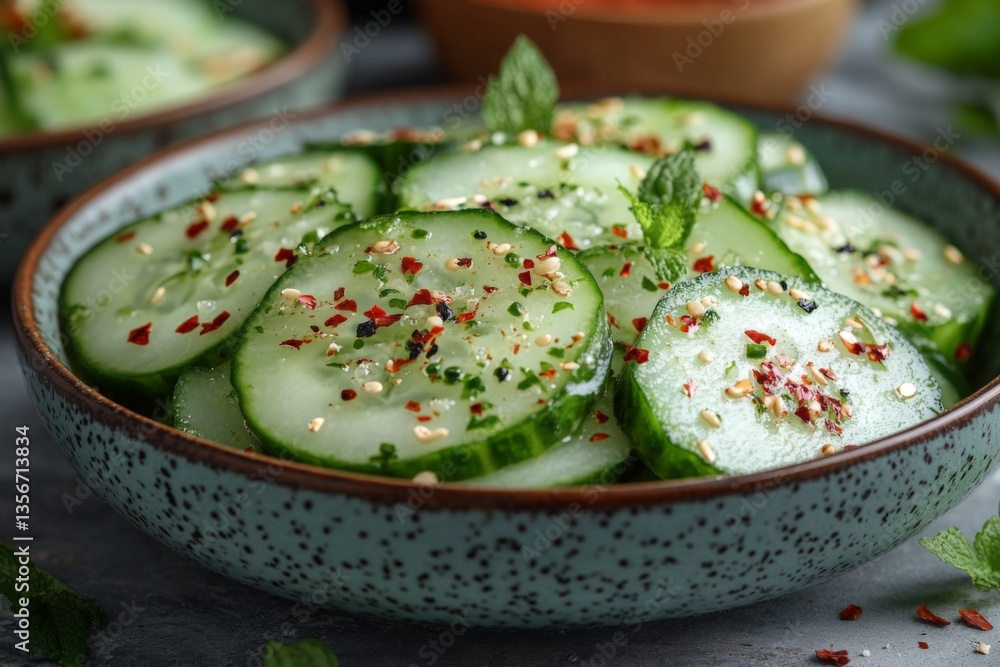Aufkleber fresh cucumber salad garnished with herbs and spices in a rustic bowl on a dining table