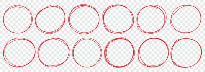 Set of hand drawn doodle red marker round frames. Red pen drawn marks, red circle set, highlight circle. Hand drawn marker doodle line stroke. Handwritten highlight red scribble circle.