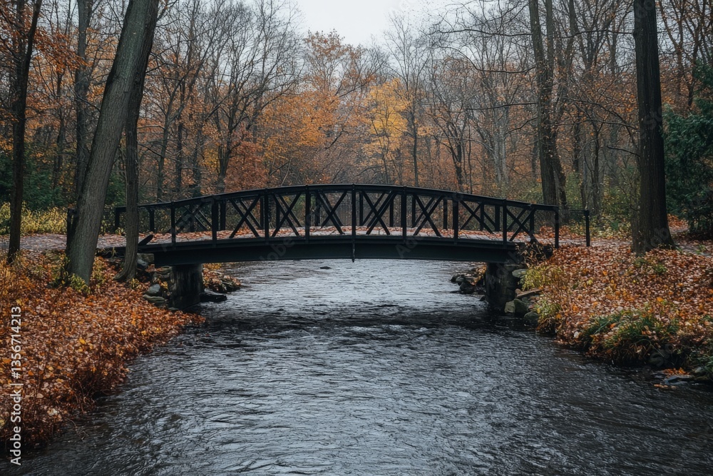 Poster Tranquil autumn view of a black bridge over a stream in a forest with colorful foliage in late afternoon