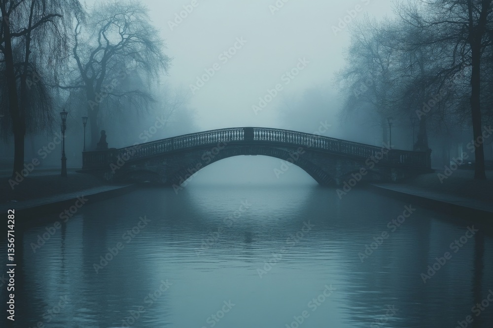 Aufkleber misty morning over an ancient stone bridge in a tranquil park setting with reflections in calm water