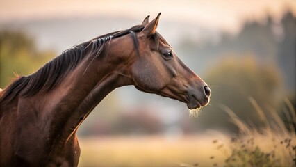 Obraz premium A closeup of a beautiful brown horse with a soft focus background in an outdoor setting