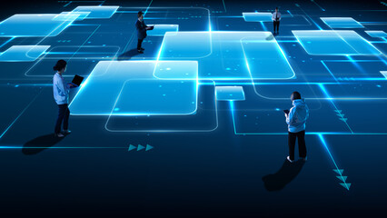 Digital world. People navigating glowing interface grid symbolizing smart technology, connectivity and virtual collaboration. Concept of networking, innovations, digital art. Collage with 3 models.