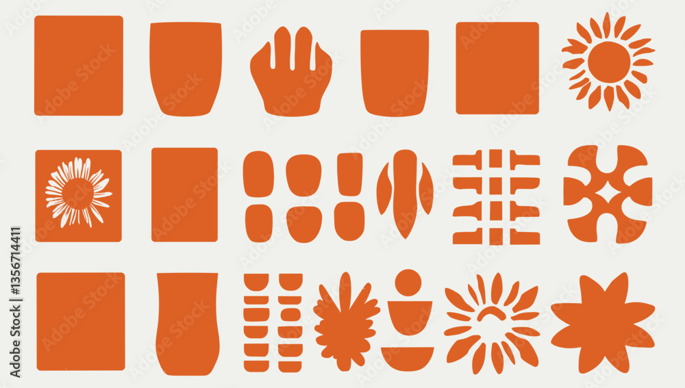 Poster geometric forms abstract design: a collection of orange geometric shapes and floral design on a crea