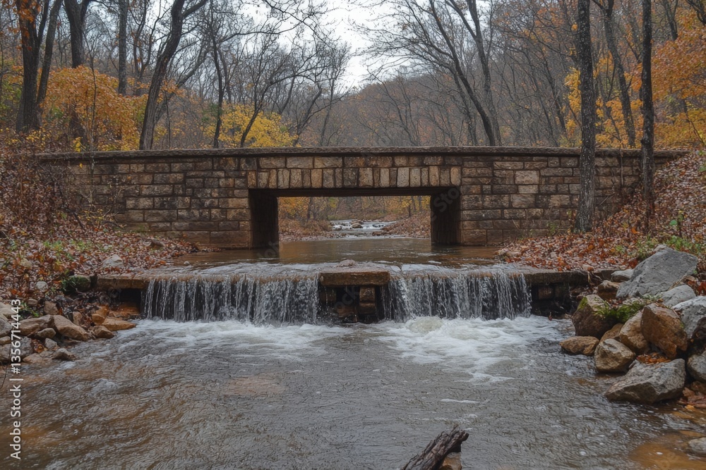 Poster Stone bridge over a stream surrounded by fall foliage in a serene forest setting