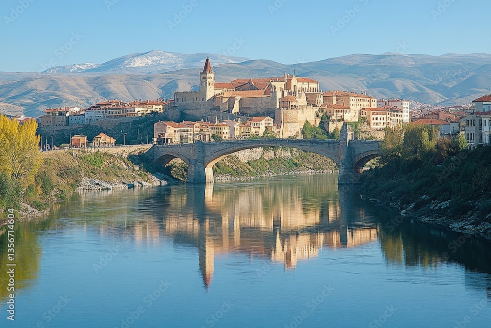 Poster scenic view of medieval castle across a river with reflections during clear sunny day in a mountaino