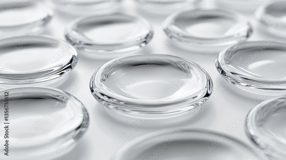 Poster close-up of many clear, round glass objects arranged in rows on a white surface.