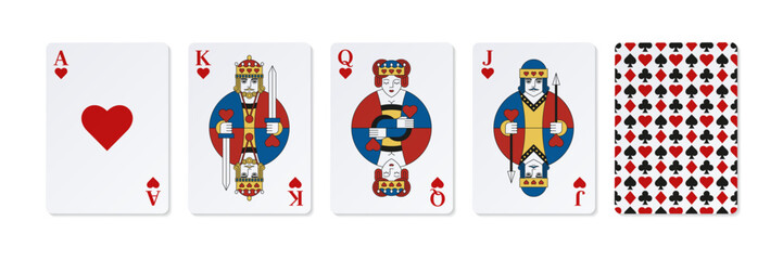 Set of high playing colored cards of Hearts.	