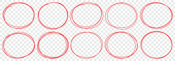 Hand drawn red circle line sketch set. Highlight circle frames. Ellipses in doodle style. For marking text, numbers, marker pen, pencil, logo, hand-drawn doodle grunge circle highlights. 