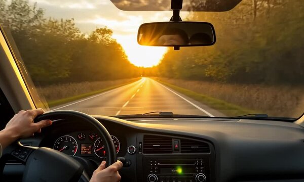 View from inside car driving on road towards sunset with hands on the steering wheel visible