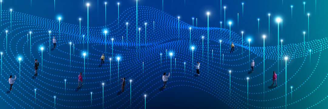 Crowd positioned across dotted tech landscape glowing with signals visualizing interactive network and real-time business flow. Concept of networking, innovations, digital art. Collage with 6 models.