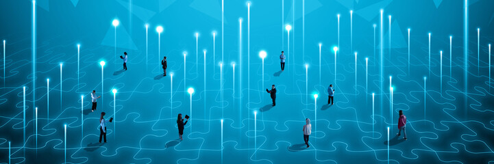 People standing on glowing puzzle grid, interacting through light signals, visualizing digital...