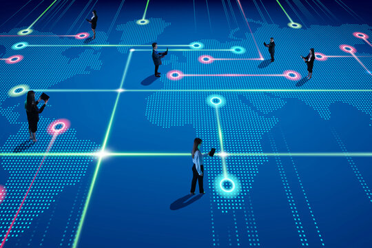 Business people connected across digital world map, symbolizing innovation, global network, seamless communication and decentralized data exchange. Concept of business and technology. 6 models collage
