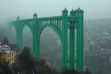 Fototapeta premium Majestic green bridge towers above foggy cityscape in an urban setting with muted colors and a mysterious atmosphere