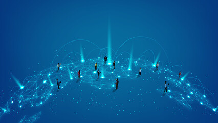 Global team linked through abstract data web, demonstrating future of business communication,...