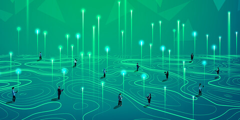 Business people working in vibrant topographic data field, illuminated by network beams, representing synergy between technology, data and innovation. Collage with 6 models. Concept of innovation